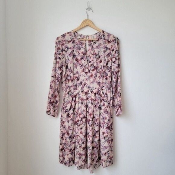 𝅺floral Split V-Neck Pink Silk Dress Size Small - Picture 1 of 10